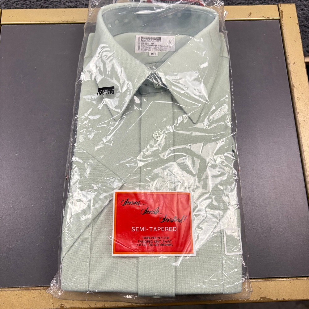Vintage Montgomery Ward Mens‎ Dress Shirt Semi Tapered Green 16.5 Poly New